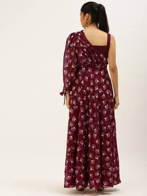 EthnoVog Ready To Wear Maroon Foil Printed Maxi Dress 2