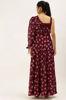 EthnoVog Ready To Wear Maroon Foil Printed Maxi Dress