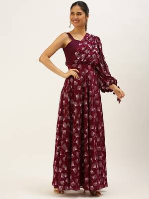 EthnoVog Ready To Wear Maroon Foil Printed Maxi Dress 3