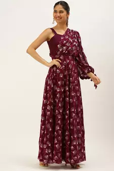EthnoVog Ready To Wear Maroon Foil Printed Maxi Dress