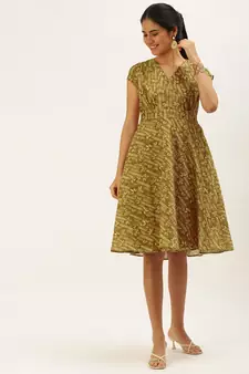 EthnoVog Ready To Wear Green Printed Art Silk Mini Dress