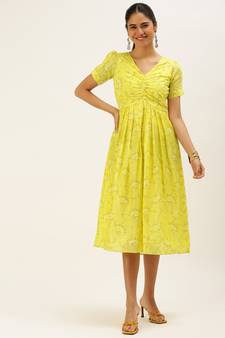 EthnoVog Ready To Wear Yellow Foil Printed Art Silk Dress