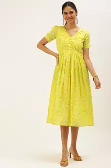 EthnoVog Ready To Wear Yellow Foil Printed Art Silk Dress