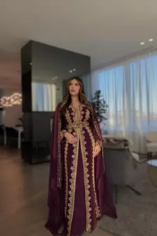 Luxurious Wine Kaftan Gown with Gold Zari Embroidery | Wedding & Formal Event Wear