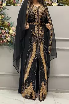 Black Kaftan with Gold Detailing and Matching Hijab