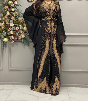 Black Kaftan with Gold Detailing and Matching Hijab 4