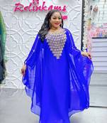 Blue Zari Stone Work Georgette Islamic Style Beads Embedded Partywear Kaftan Long Gown Evening wear Dubai kaftan