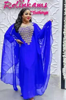 Blue Zari Stone Work Georgette Islamic Style Beads Embedded Partywear Kaftan Long Gown Evening wear Dubai kaftan