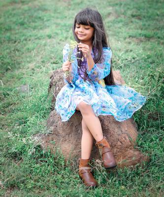Floral Printed frock with flower on waist. 2