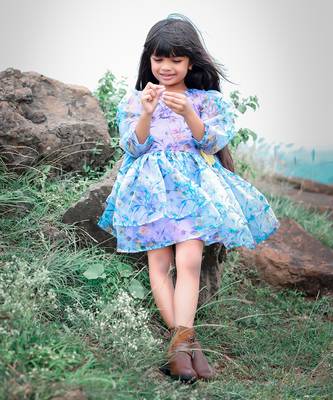 Floral Printed frock with flower on waist. 3