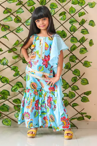 Flower Print Short Kurta with Sharara and Dupatta