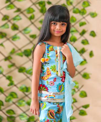 Flower Print Short Kurta with Sharara and Dupatta 3