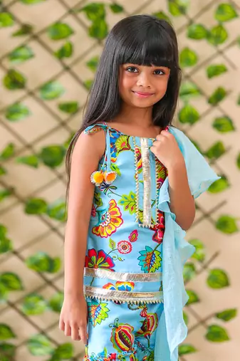 Flower Print Short Kurta with Sharara and Dupatta