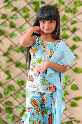 Flower Print Short Kurta with Sharara and Dupatta