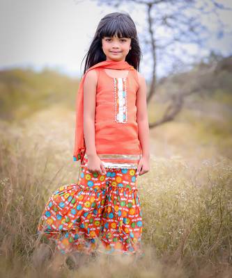 Orange Printed Short Kurta with Flower print sharara and Dupatta 2