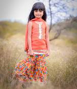 Orange Printed Short Kurta with Flower print sharara and Dupatta