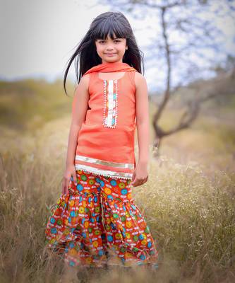 Orange Printed Short Kurta with Flower print sharara and Dupatta 1