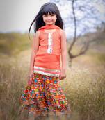 Orange Printed Short Kurta with Flower print sharara and Dupatta