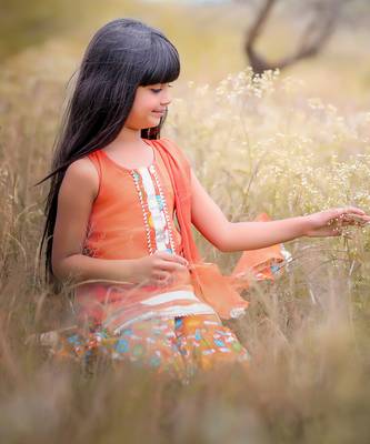 Orange Printed Short Kurta with Flower print sharara and Dupatta 5