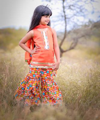 Orange Printed Short Kurta with Flower print sharara and Dupatta 7