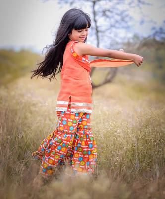 Orange Printed Short Kurta with Flower print sharara and Dupatta 8