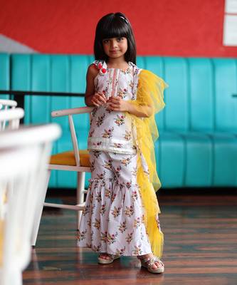 Short Flower Print Kurta with Sharara and Frilled Dupatta 2