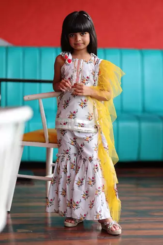 Short Flower Print Kurta with Sharara and Frilled Dupatta