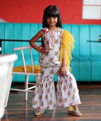Short Flower Print Kurta with Sharara and Frilled Dupatta 3