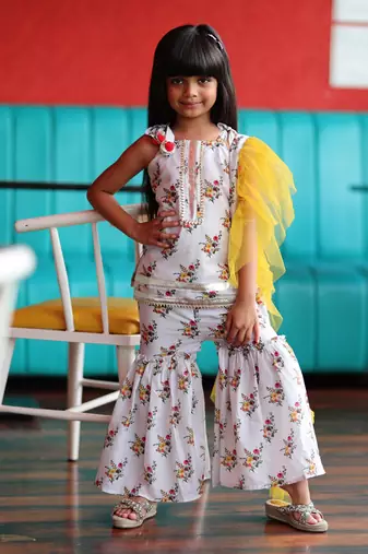 Short Flower Print Kurta with Sharara and Frilled Dupatta