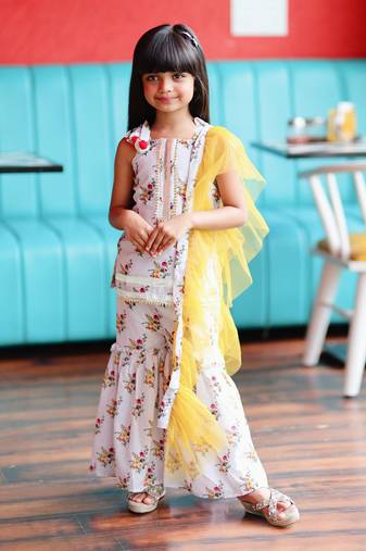 Short Flower Print Kurta with Sharara and Frilled Dupatta