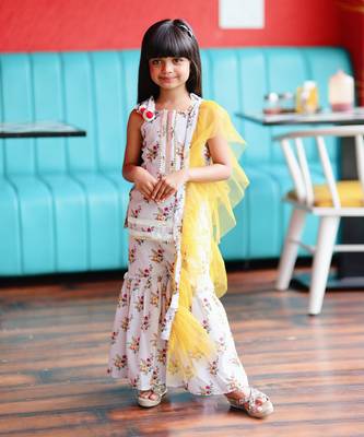 Short Flower Print Kurta with Sharara and Frilled Dupatta 1