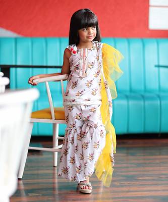 Short Flower Print Kurta with Sharara and Frilled Dupatta 4