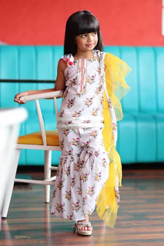 Short Flower Print Kurta with Sharara and Frilled Dupatta
