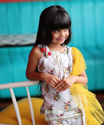 Short Flower Print Kurta with Sharara and Frilled Dupatta 5