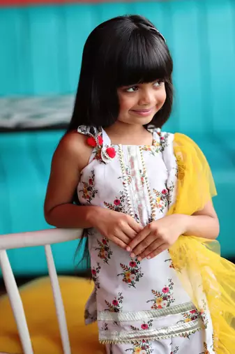 Short Flower Print Kurta with Sharara and Frilled Dupatta