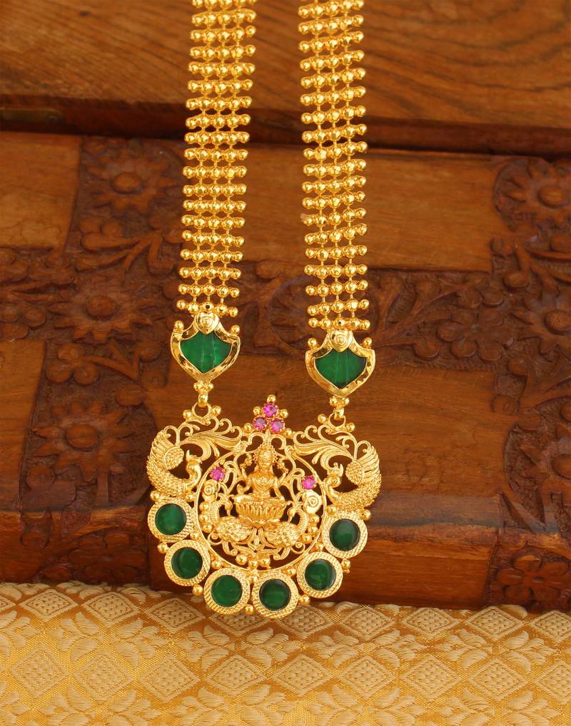 High gold green temple palakka long necklace