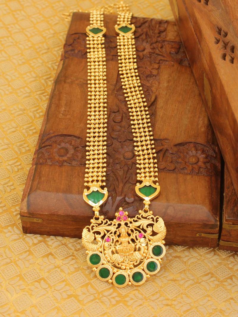 High gold green temple palakka long necklace