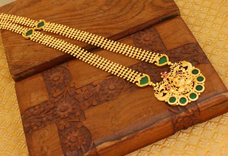 High gold green temple palakka long necklace