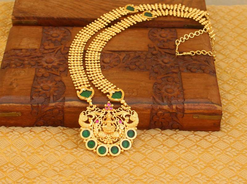 High gold green temple palakka long necklace