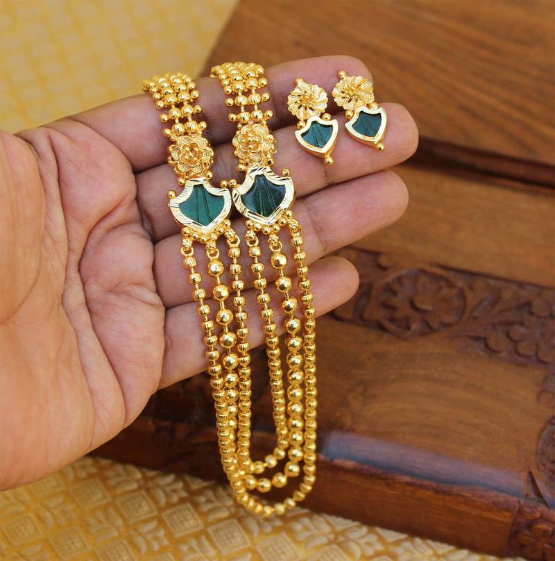 Gold plated kerala style green layer necklace