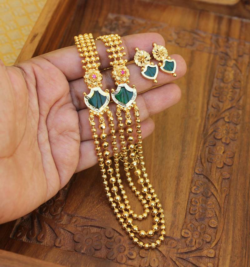 Gold plated kerala style green layer necklace