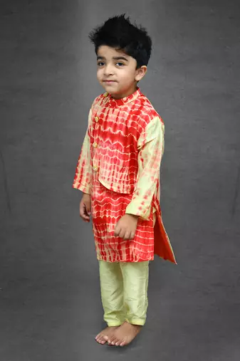 Tie and Dyed Yellow red Kurta with pale yellow chudidar