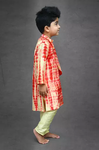 Tie and Dyed Yellow red Kurta with pale yellow chudidar