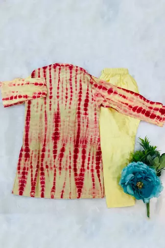 Tie and Dyed Yellow red Kurta with pale yellow chudidar