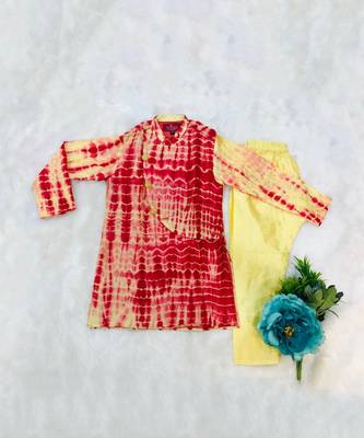 Tie and Dyed Yellow red Kurta with pale yellow chudidar 5