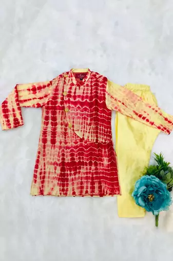 Tie and Dyed Yellow red Kurta with pale yellow chudidar