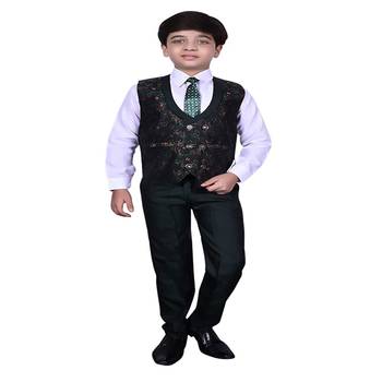 Dark Green 3 Piece Baba Suit Set Cotton For boys // Western Wear 1