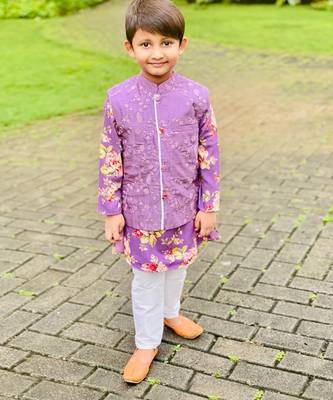 Floral Kurta With Thread Work Jacket And Pyjama 1