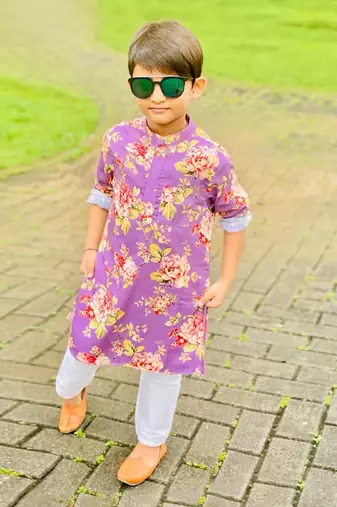 Floral Kurta With Thread Work Jacket And Pyjama