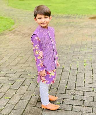Floral Kurta With Thread Work Jacket And Pyjama 4